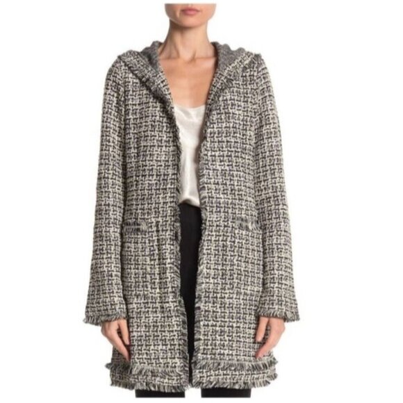 Laundry by Shelli Segal Hooded Boucle Jacket Size Small Fringed Hem Edges Cuff - Picture 3 of 12